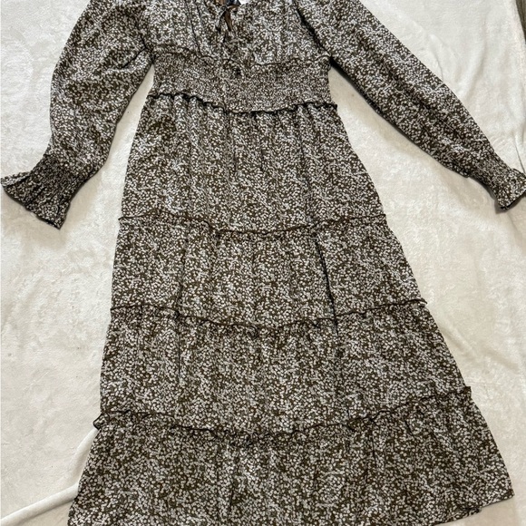 Piper scoot color Olive  green Ruffled Tiered Long Sleeve Sundress - Picture 2 of 6